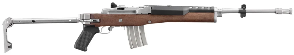 Ruger 5895 Mini-14  223 Rem/5.56 NATO 20+1 18.50" Matte Stainless Threaded Barrel, Matte Stainless Picatinny Rail  Receiver, Walnut/Stainless Wood Side Folding Side Folding Stock, Black Polymer Grip