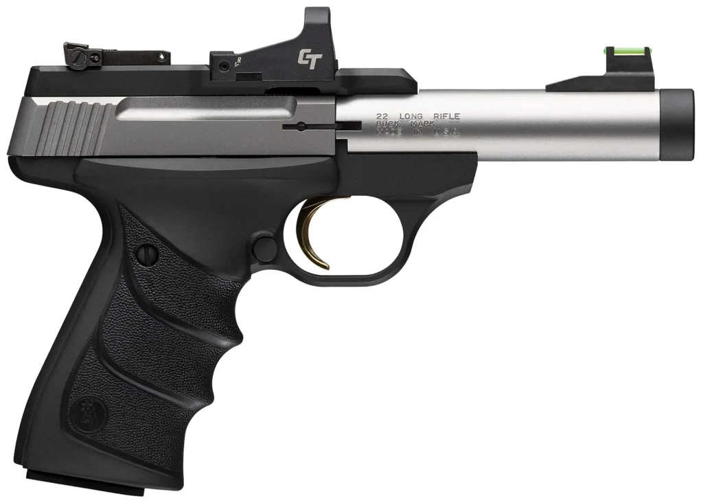 Browning 051595490 Buck Mark Micro Bull SR w/Optic 22 LR 10+1 4" Matte Stainless Threaded Bull Barrel, Optic Ready/Serrated Slide, Matte Black Aluminum Frame w/Picatinny Rail, Crimson Trace Red Dot