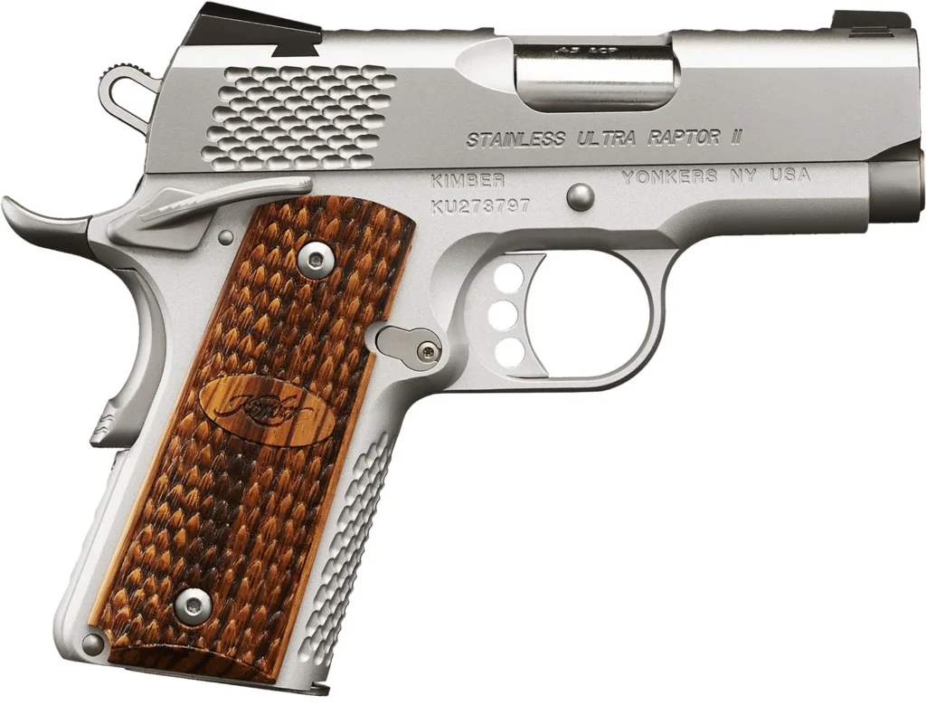 Kimber Mfg, Inc 3200374 Raptor II Ultra 9mm Luger 8+1 3" Stainless Match Grade Barrel, Satin Silver Serrated Stainless Steel Slide, Matte Silver Aluminum Frame w/Beavertail, Zebrawood Grip